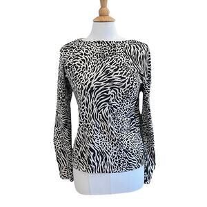 Jones New York Silk Blend Black, Ivory Animal Print Long Sleeve Sweater L
